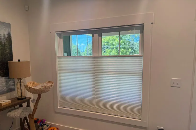 Honeycomb shade lowered from the top so daylight and the mountain view come in above it